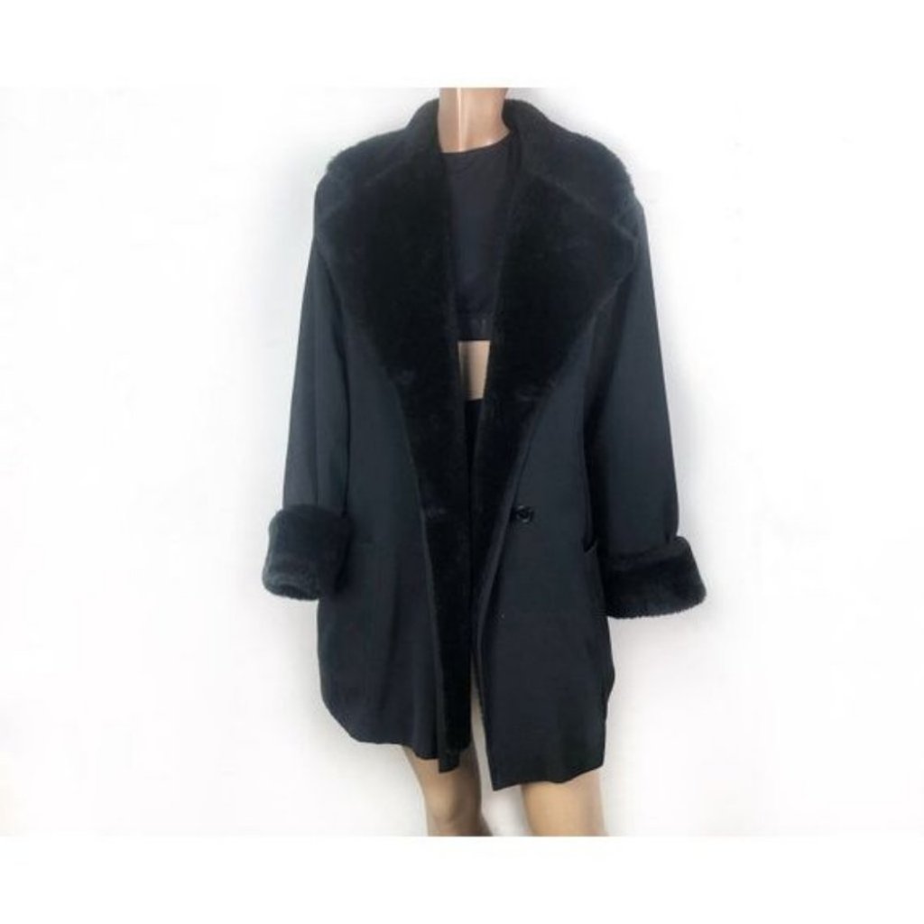 Vtg Rodier French Designer Black Long Faux Fur Lined Coat Jacket